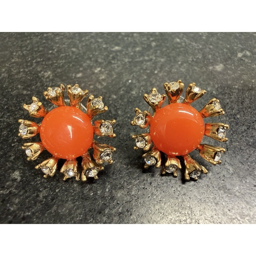 J.Crew Orange Cabochon Rhinestone Sunburst Stud‎ Earrings Gold Tone 1"